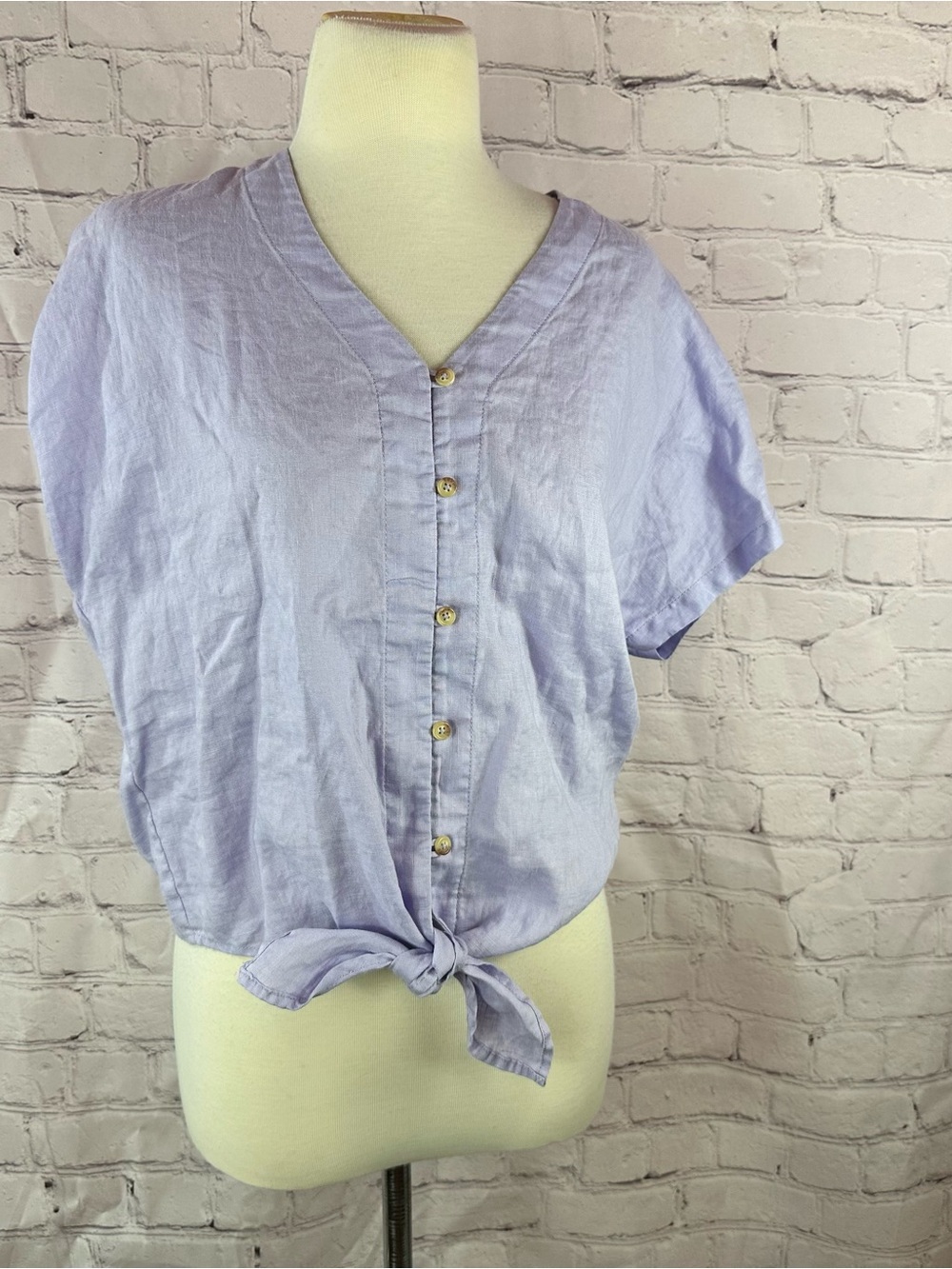 Cremieux Lavender Button-Front Tie-Hem linen top Blouse women S summer beach